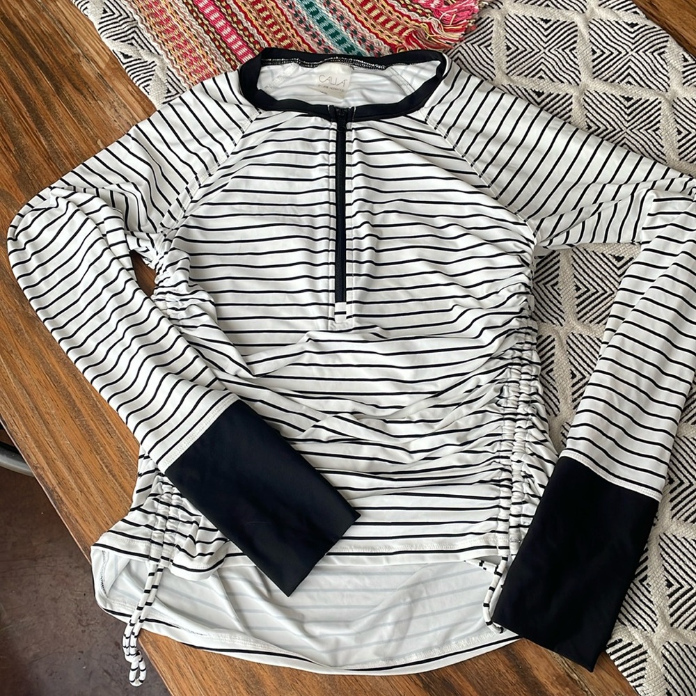 Cute and comfortable! Calia Striped Rashguard with top zipper and ruched sides.